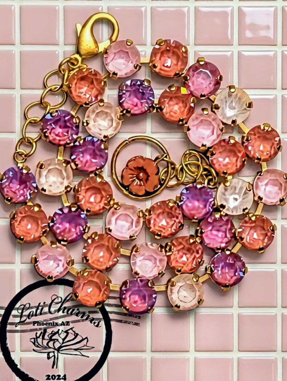 Pastel Pink Austrian Crystals in Classic  Necklace & Earrings in Matte Gold